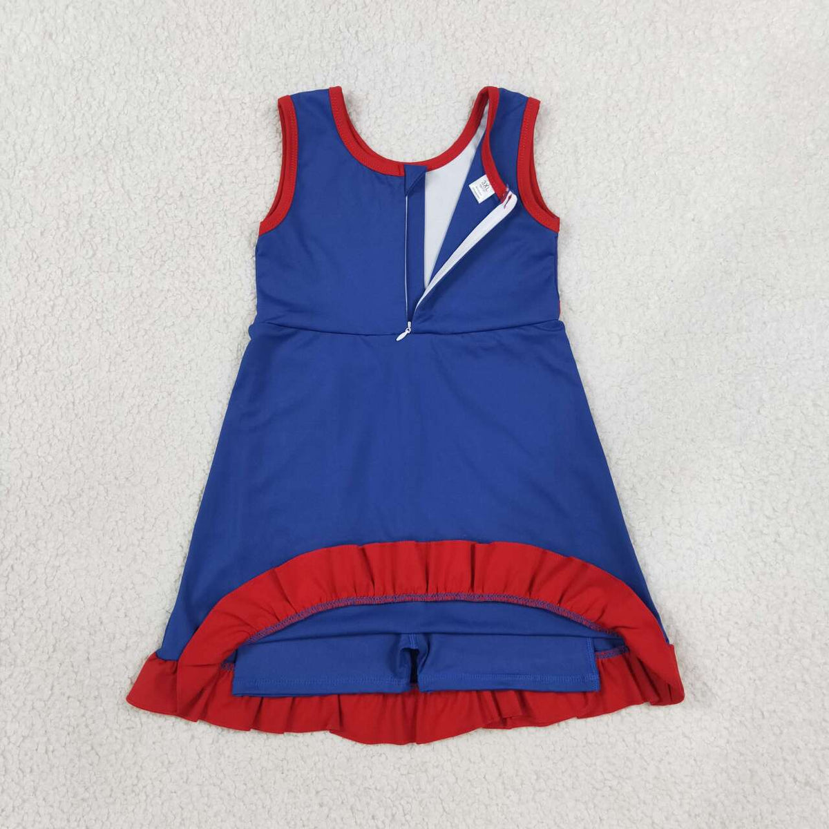 GSD4133 Blue & Red Girls Sleeveless Ruffle Zipper Yoga Dress