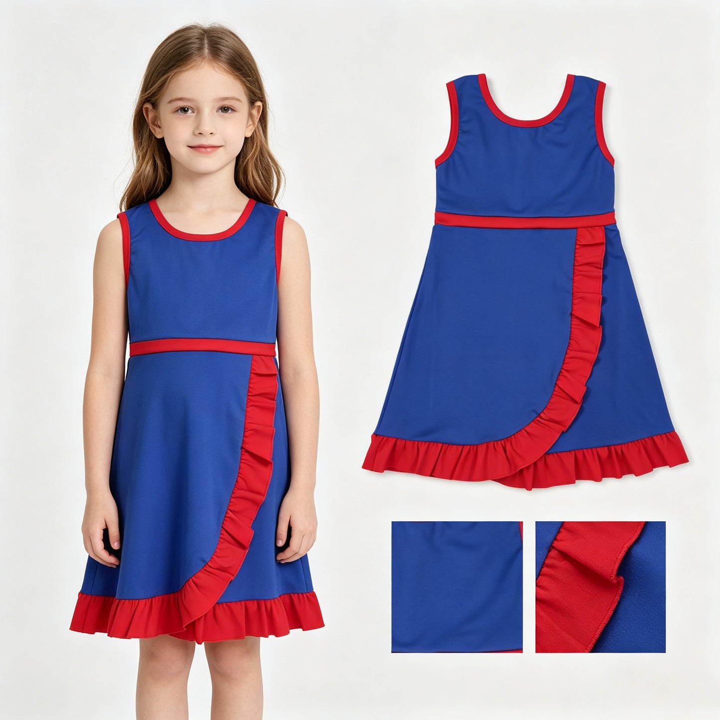 GSD4133 Blue & Red Girls Sleeveless Ruffle Zipper Yoga Dress