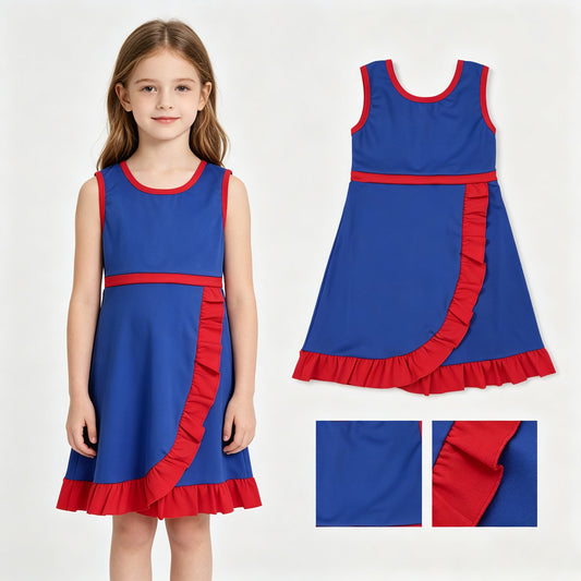 GSD4133 Blue & Red Girls Sleeveless Ruffle Zipper Yoga Dress