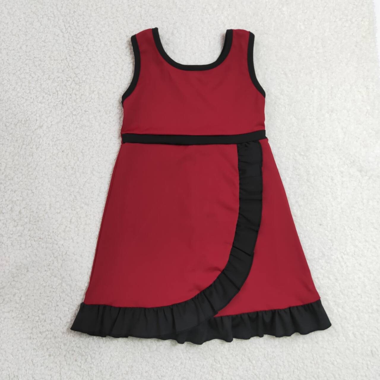 GSD4135 Wine & Black Girls Sleeveless Ruffle Yoga Zipper Dress