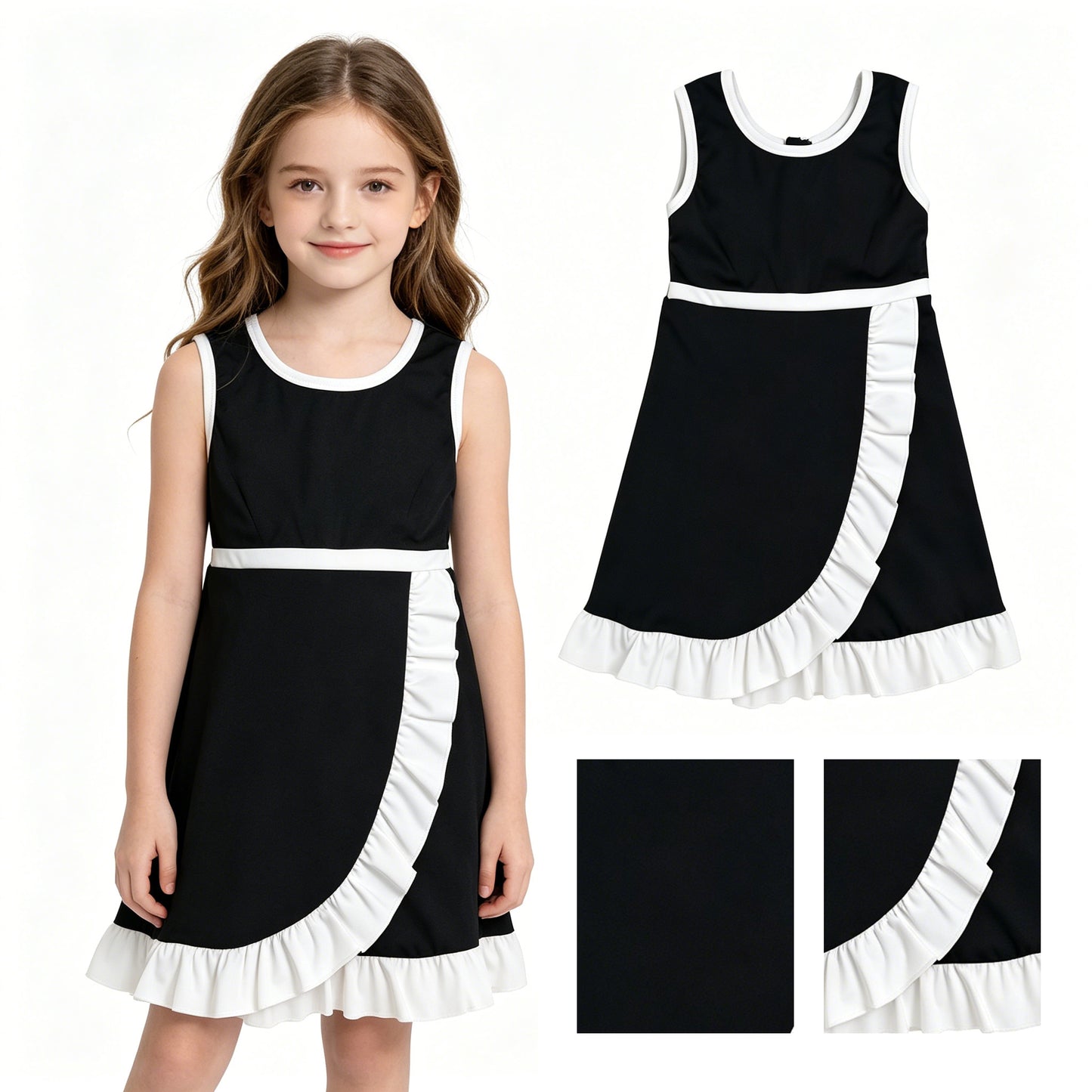 GSD4140 Black & White Girls Sleeveless Ruffle Yoga Zipper Dress