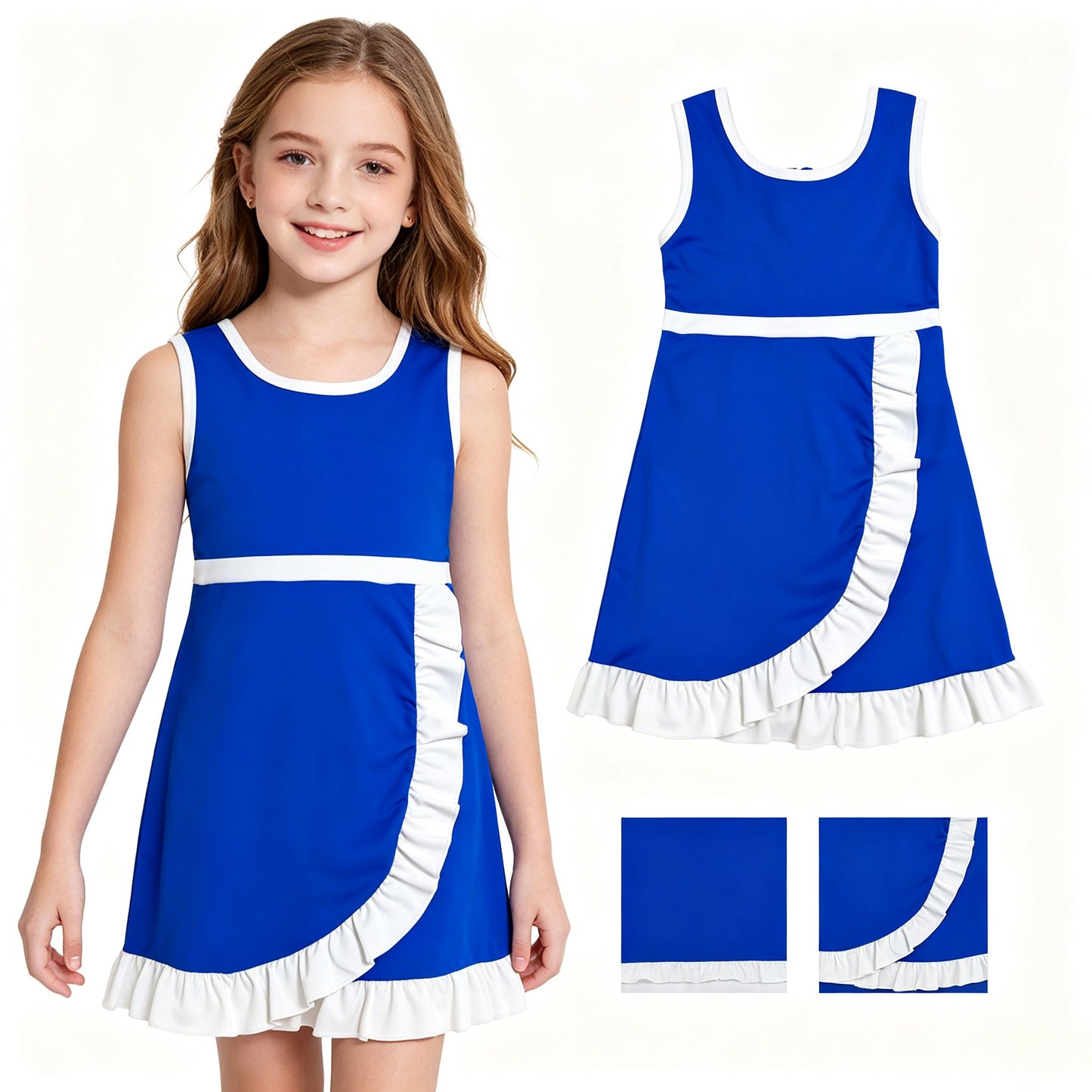 GSD4141 Blue & White Girls Sleeveless Ruffle Yoga Zipper Dress