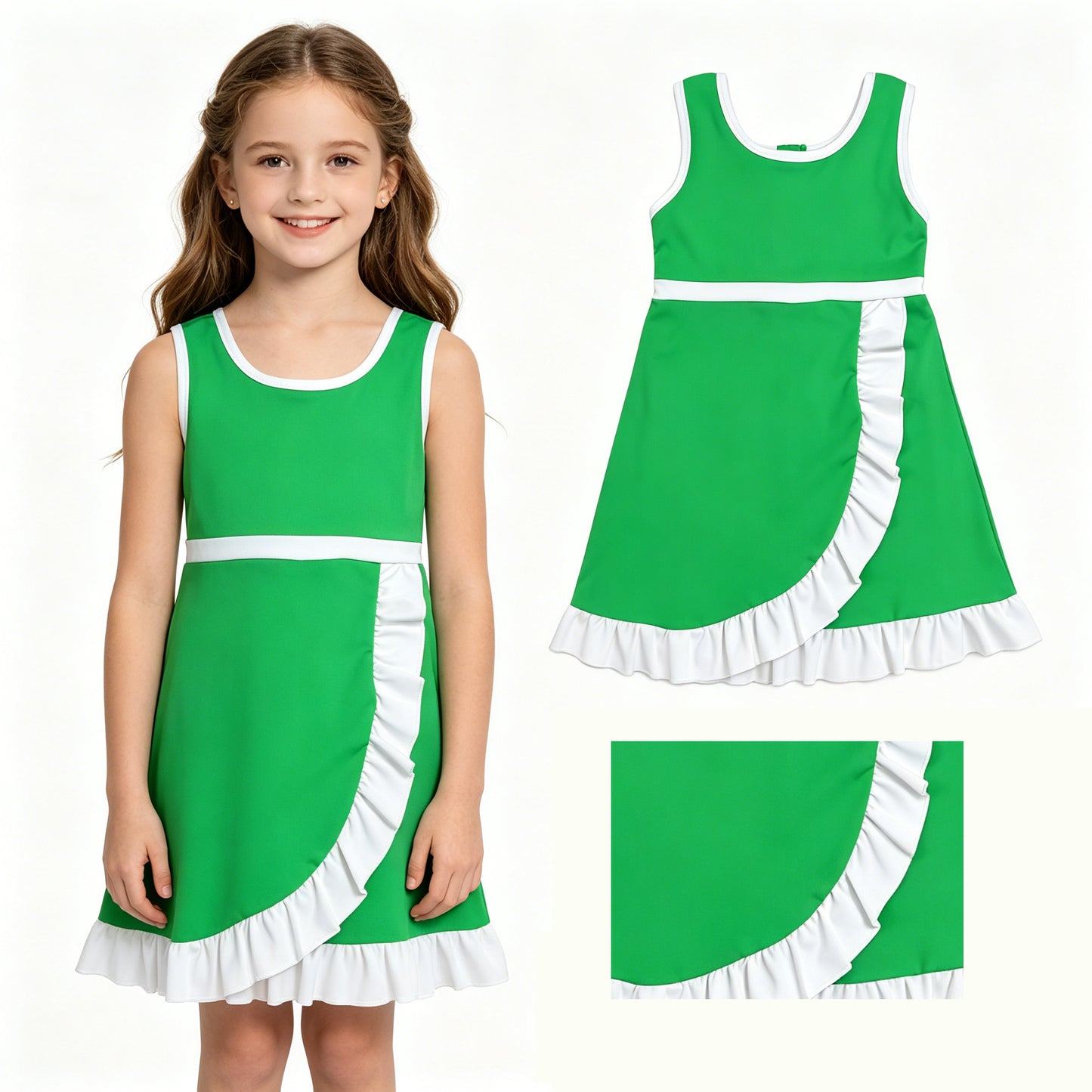 GSD4143 Green & White Girls Sleeveless Ruffle Yoga Zipper Dress