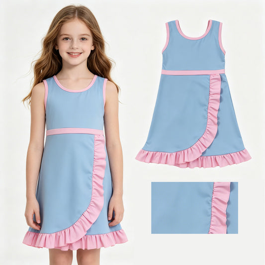 GSD4144 Blue & Pink Girls Sleeveless Ruffle Yoga Zipper Dress