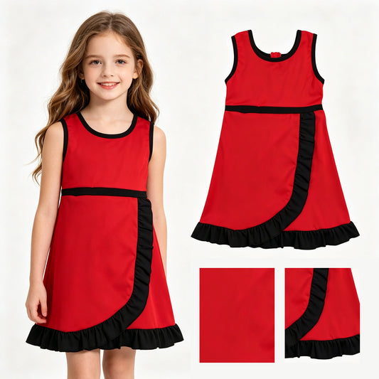 GSD4146 Red & Black Girls Sleeveless Ruffle Yoga Zipper Dress
