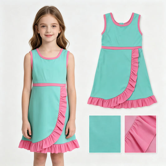 GSD4149  Teal & Pink Girls Sleeveless Ruffle Yoga Zipper Dress
