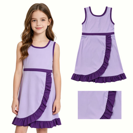 GSD4151 Purple Girls Sleeveless Ruffle Yoga Zipper Dress