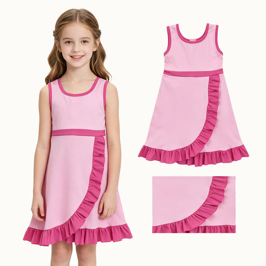 GSD4152 Pink Girls Sleeveless Ruffle Yoga Zipper Dress