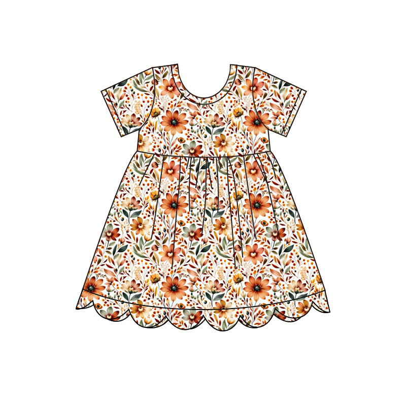 4.28 GSD4155 Orange Flowers Baby Girls Scallop Knee Length Dress Preorder