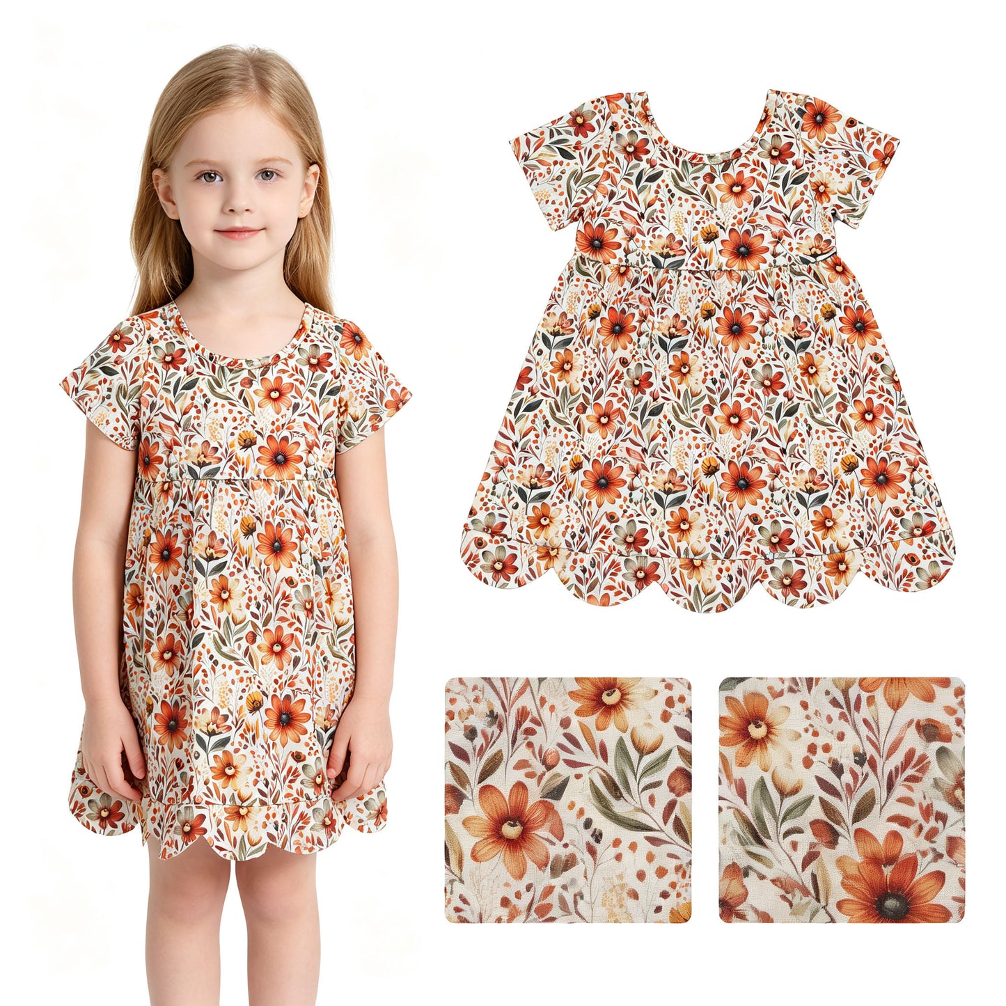 GSD4155 Orange Flowers Baby Girls Scallop Edge Knee Length Dress