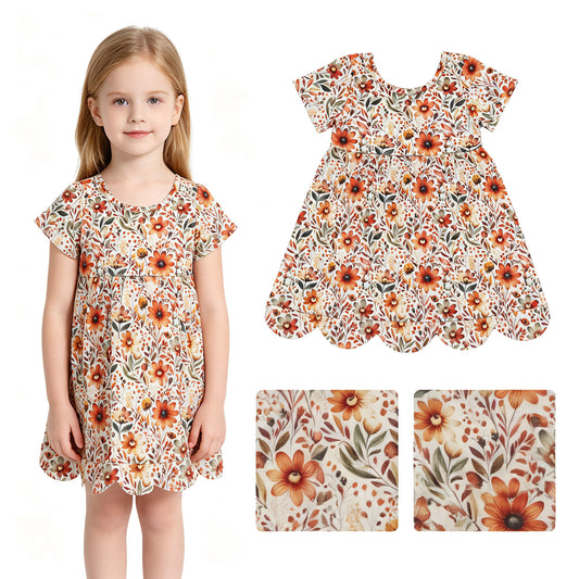 GSD4155 Orange Flowers Baby Girls Scallop Edge Knee Length Dress