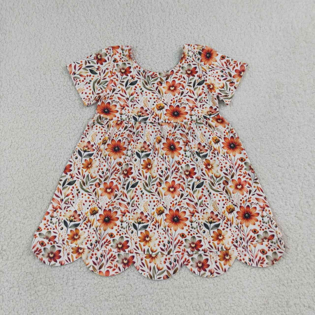 GSD4155 Orange Flowers Baby Girls Scallop Edge Knee Length Dress