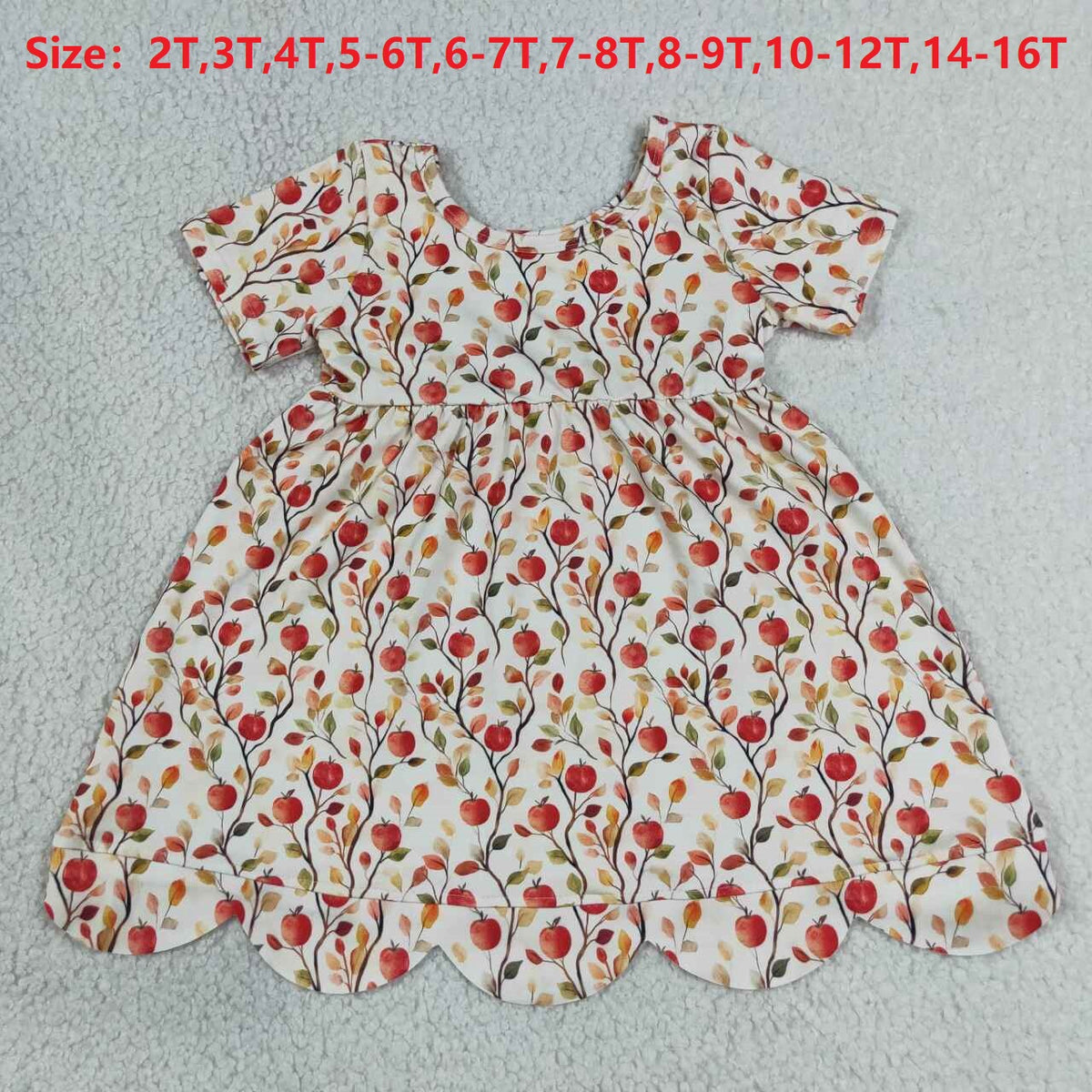 GSD4156 Apple Print Girls Scallop Knee Length Dress