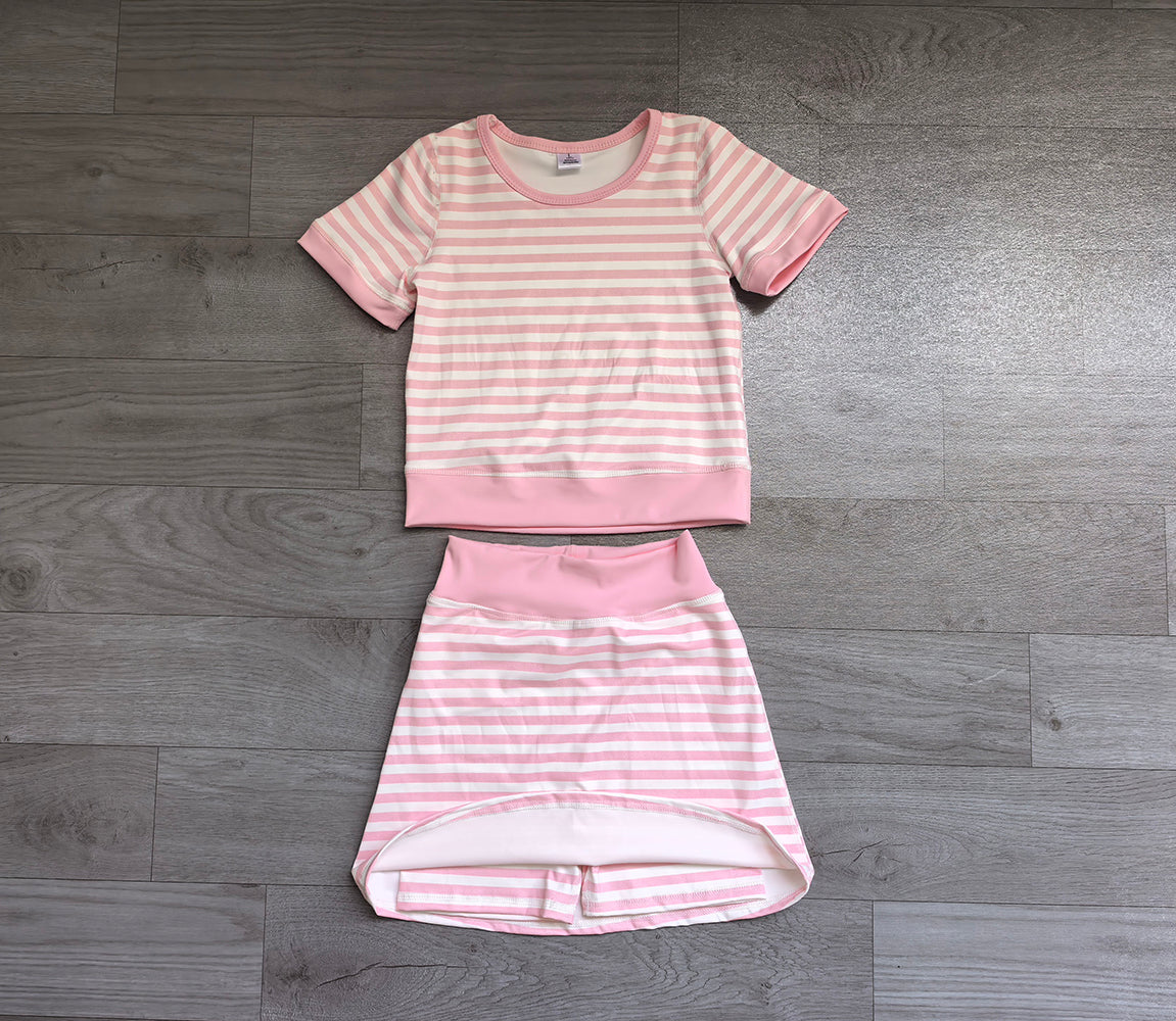 GSD4159 Kids Girtls Pink Stiped Active Outfit Short Sleeve & Skort  Preorder