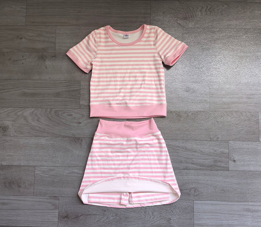 GSD4159 Kids Girtls Pink Stiped Active Outfit Short Sleeve & Skort  Preorder