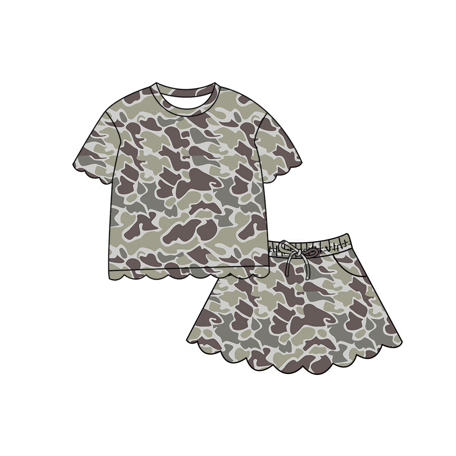 4.29 GSD4165 Dark Brown Camo Short Sleeve Top Skirts Girls Scallop Outfits Preorder