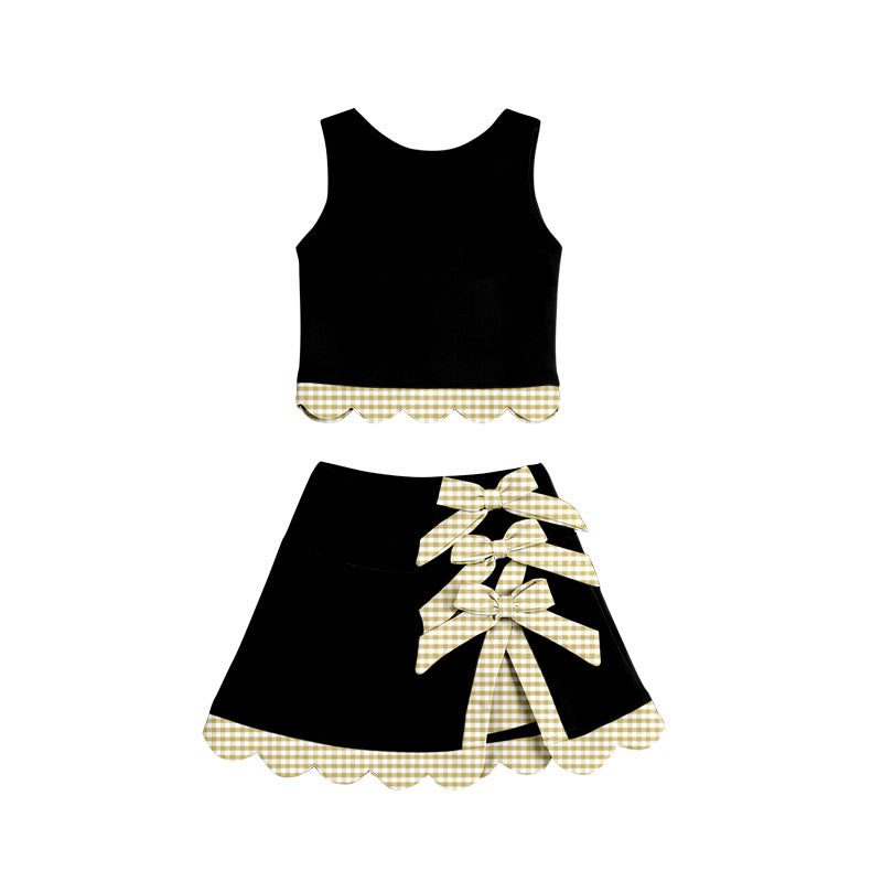 4.30 GSD4175 Preorder Khaki Plaid Bows Black Girls Summer Scallop Yoga Clothes Set