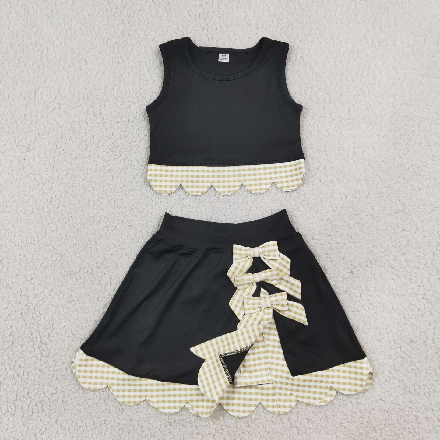 GSD4175 Khaki Checkered Bows Black Girls Summer Scallop Yoga Clothes Set