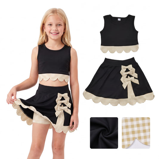 GSD4175 Khaki Checkered Bows Black Girls Summer Scallop Yoga Clothes Set