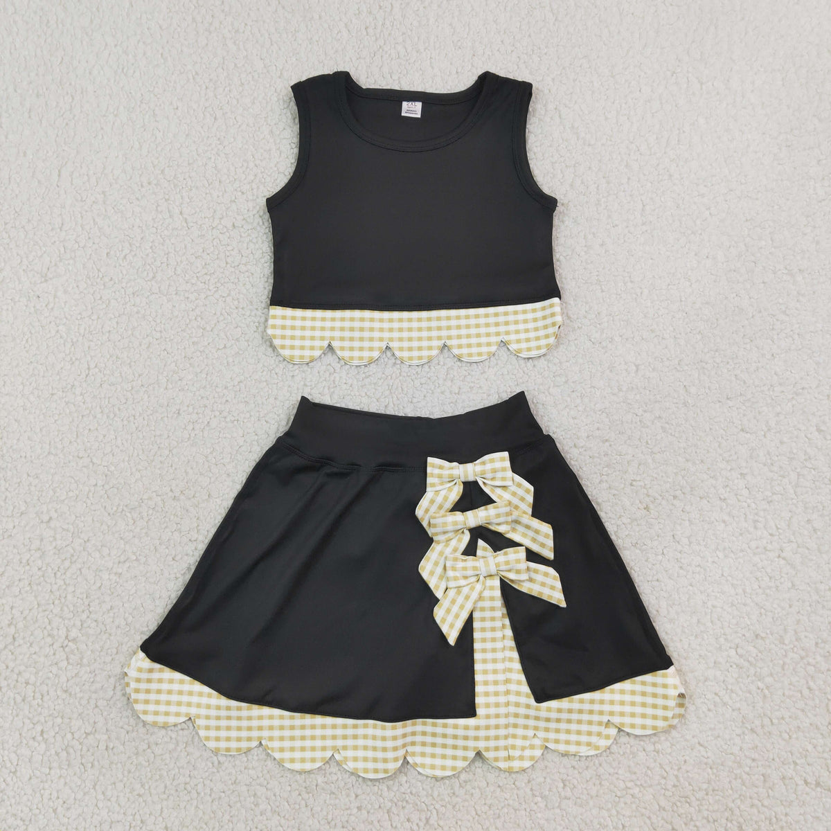 GSD4175 Khaki Checkered Bows Black Girls Summer Scallop Yoga Clothes Set