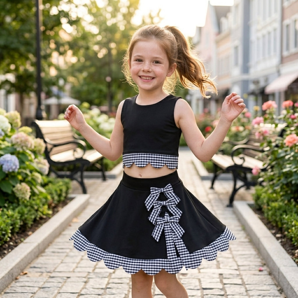 GSD4176 Black Checkered Bows Girls Summer Scallop Yoga Clothes Set