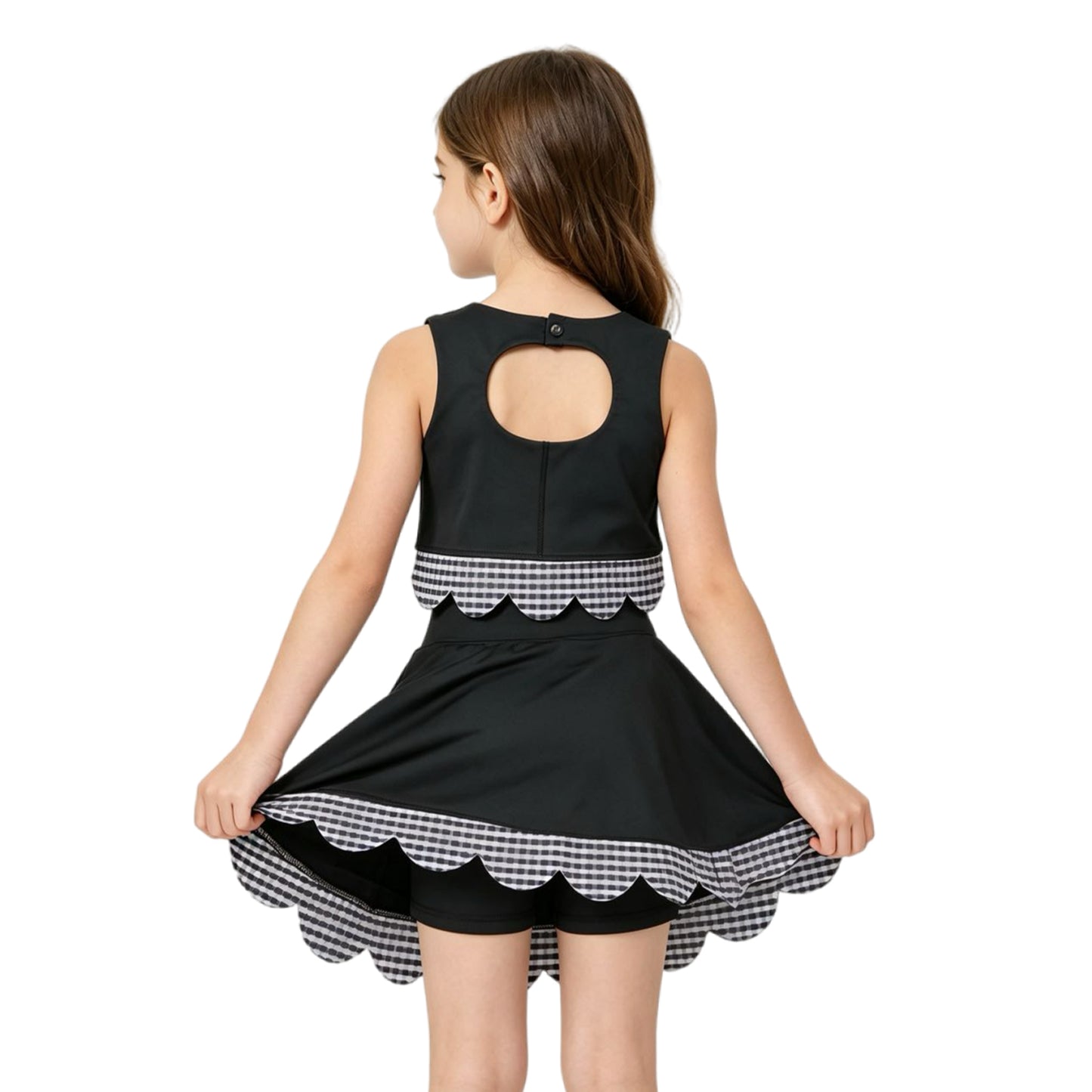 GSD4176 Black Checkered Bows Girls Summer Scallop Yoga Clothes Set