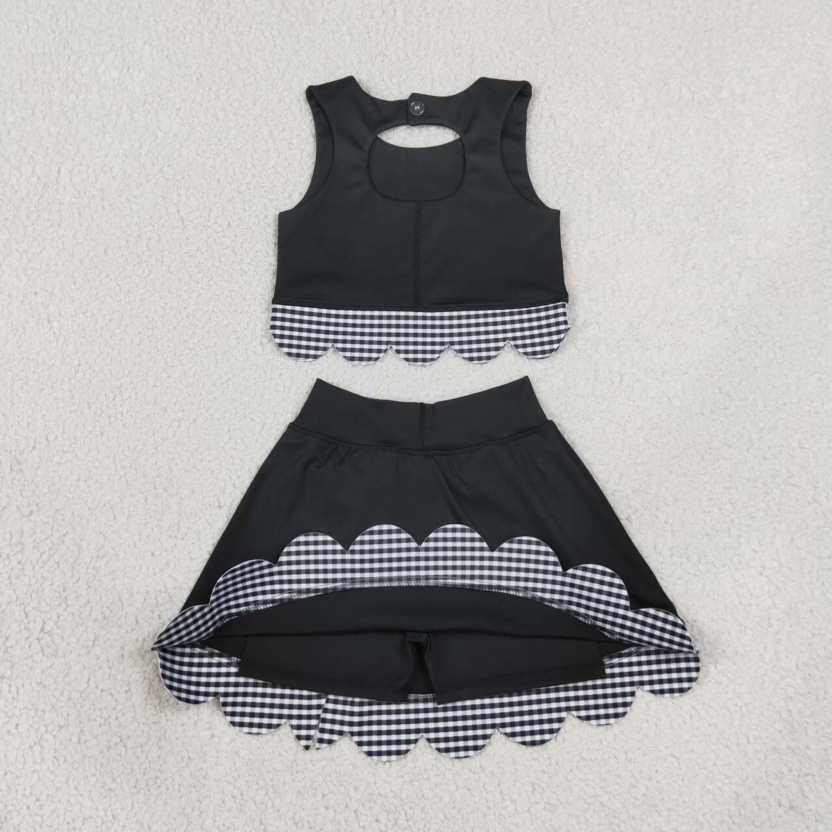 GSD4176 Black Checkered Bows Girls Summer Scallop Yoga Clothes Set