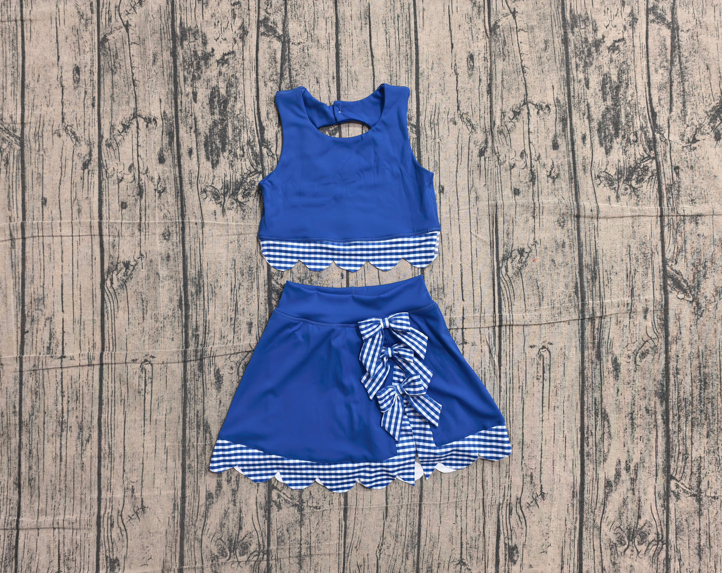 4.30 GSD4177 Preorder Blue Plaid Bows Girls Summer Scallop Yoga Clothes Set