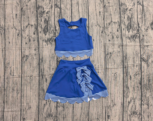4.30 GSD4177 Preorder Blue Plaid Bows Girls Summer Scallop Yoga Clothes Set