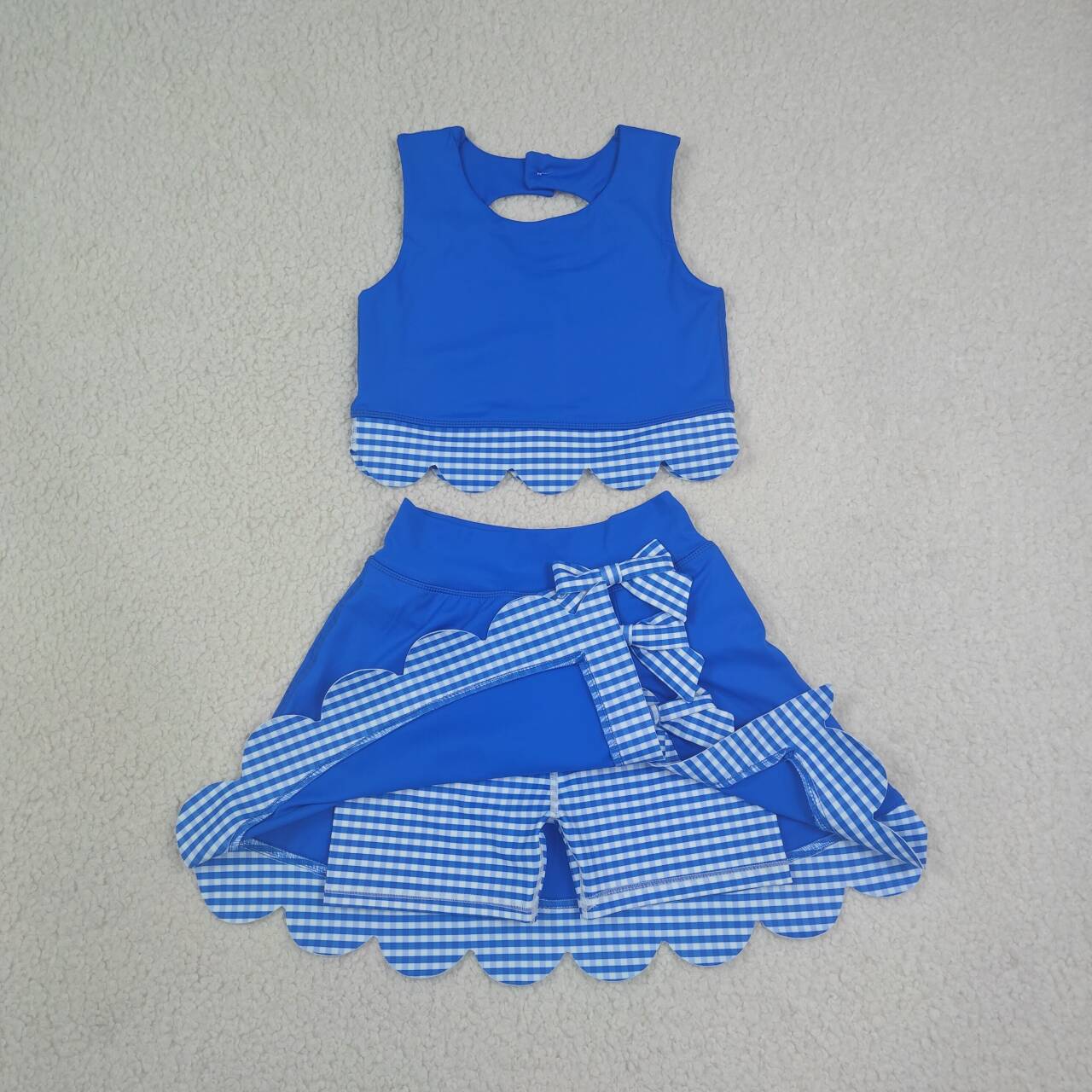 GSD4177 Blue Checkered Bows Girls Summer Scallop Yoga Clothes Set