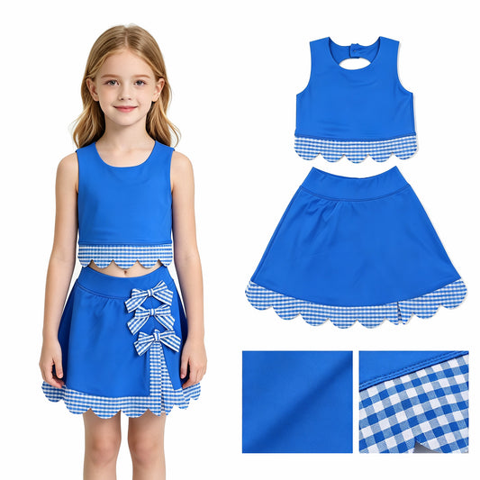 GSD4177 Blue Checkered Bows Girls Summer Scallop Yoga Clothes Set