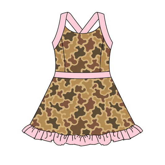 5.1 Kdis Girls Browm Camo Strap Active Dress with Pink Ruffle Preorder