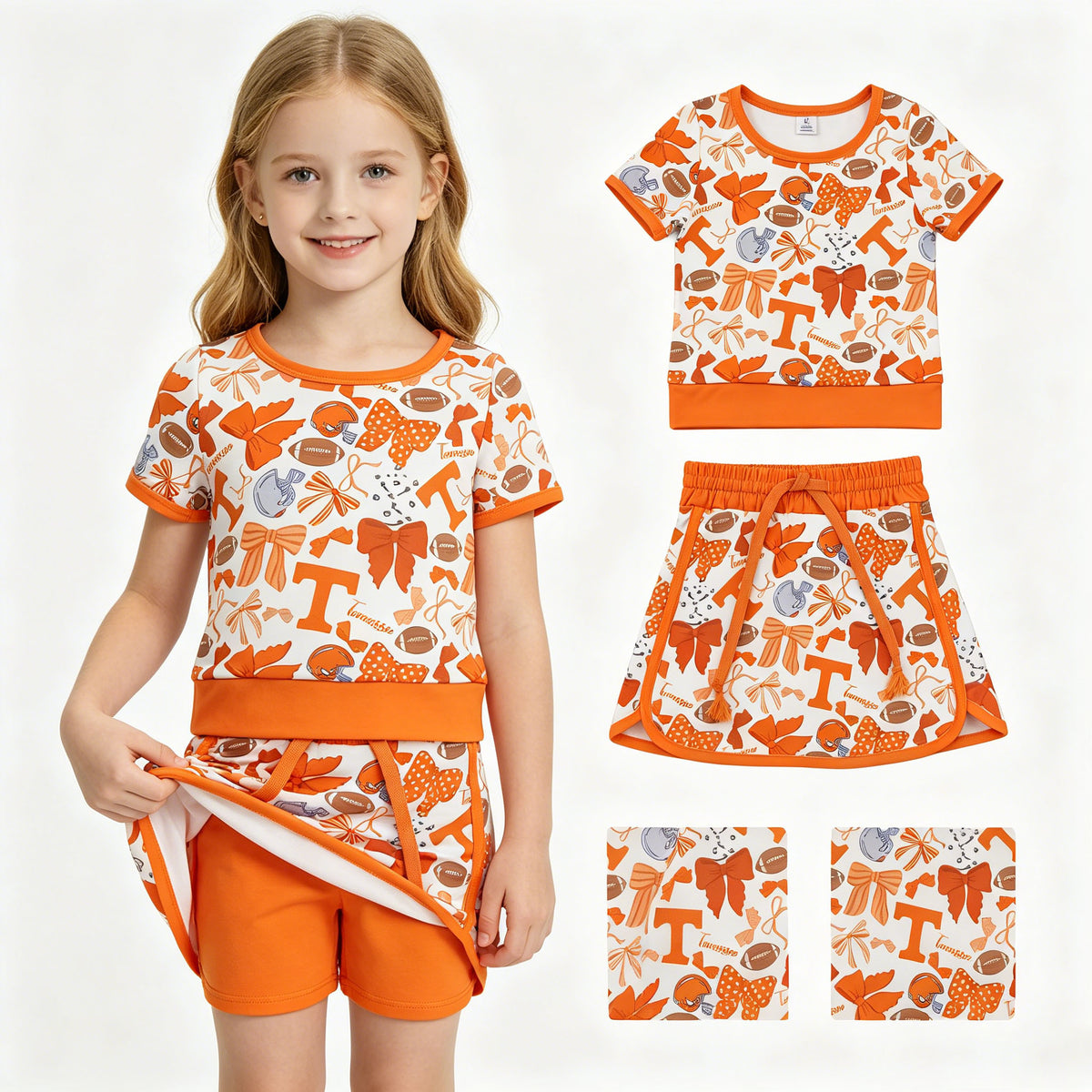 GSD4181 Teams Tennessee Bows Print Girls Summer Yoga Skort Clothes Set