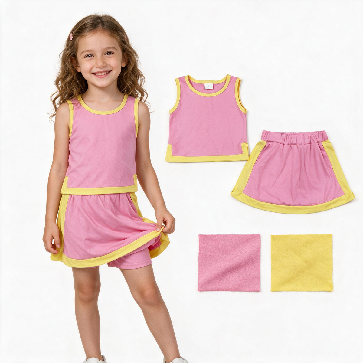GSD4187 Pink Yellow Crop Top Skort Baby Girls Summer Cotton Sport Clothes Set