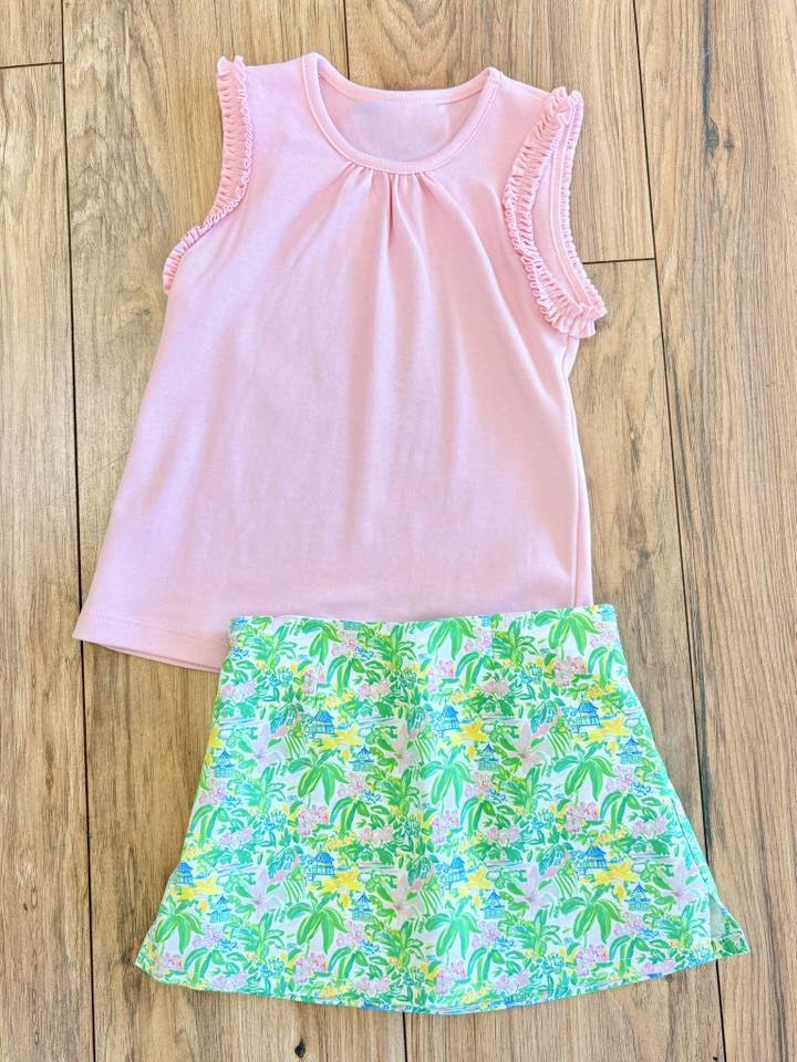 5.9 Preorder GSD4217 Pink Sleeveless Top Floral Pagoda Skirts Girls Summer Yoga Clothes Set