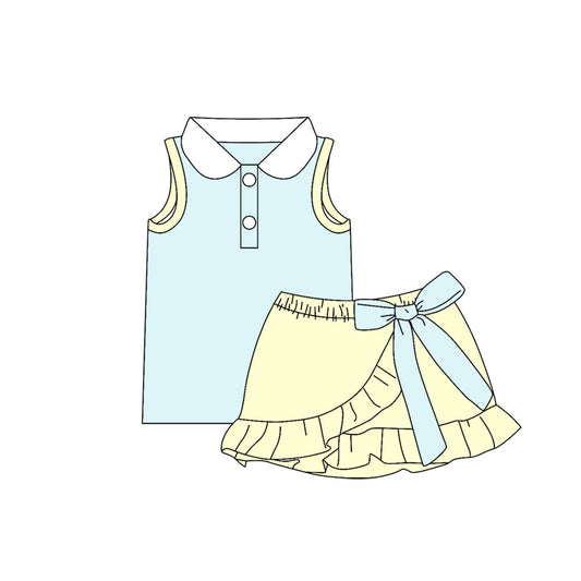 5.9 Girls Blue Peter Pan Collar Set - Sleeveless Top & Bow Ruffle Skort Preorder