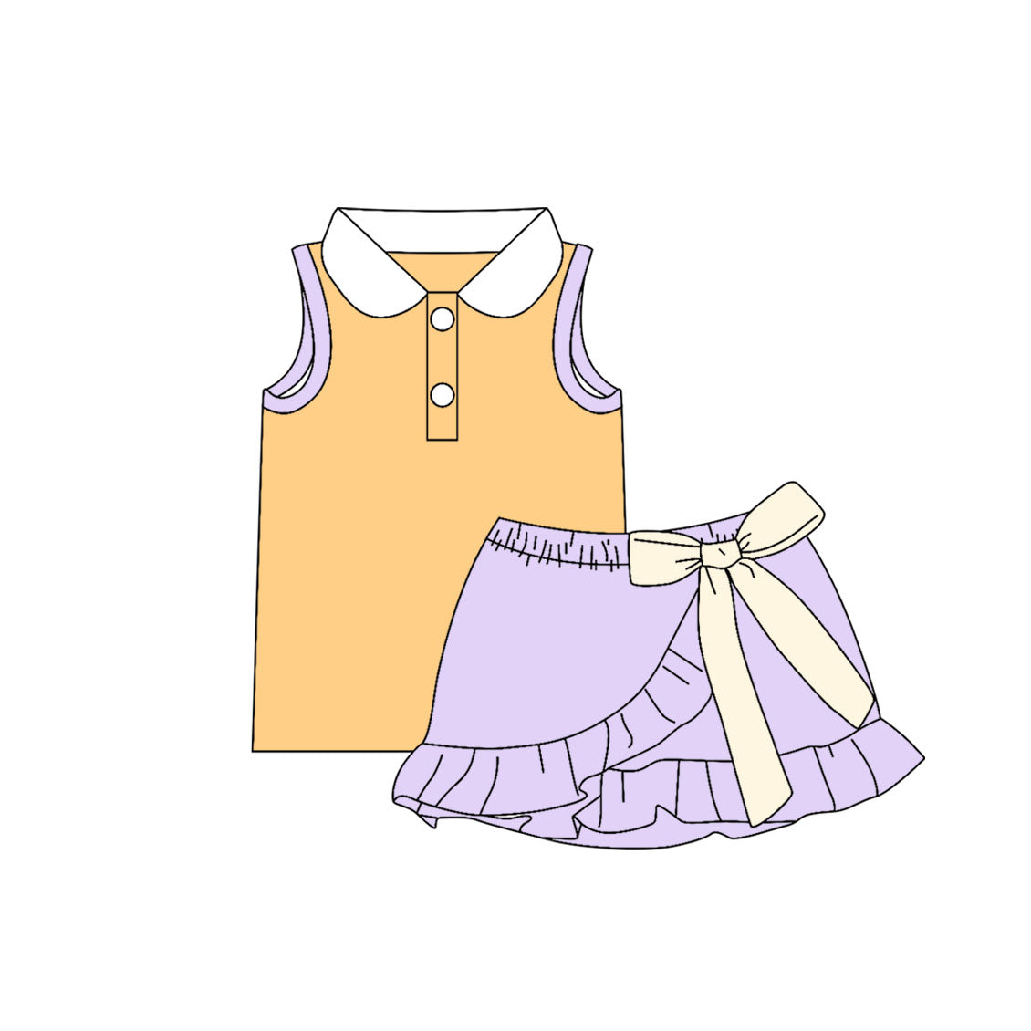 5.9 Girls Orange & Lavender Peter Pan Collar Set - Sleeveless Top & Bow Ruffle Skort