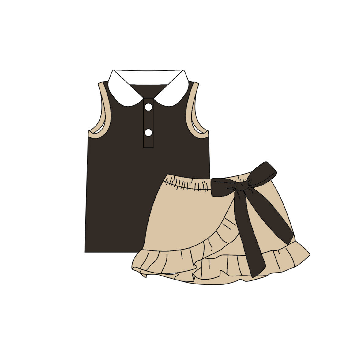 5.9 Girls Black & Beige Peter Pan Collar Set - Sleeveless Top & Bow Ruffle Skort Preorder