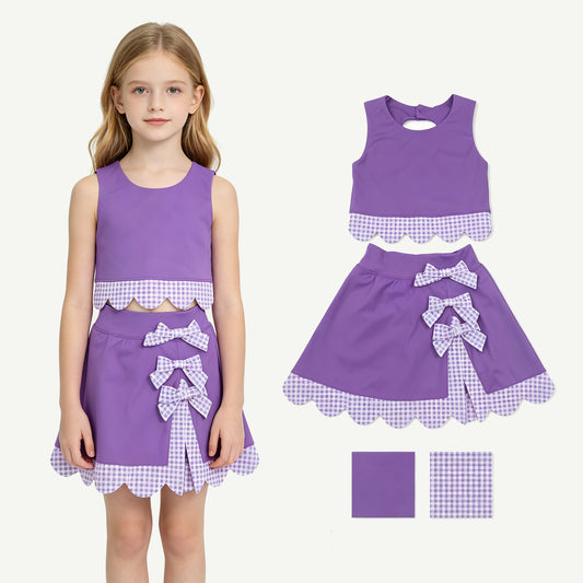 GSD4225 Purple Checkered Bows Girls Summer Scallop Yoga Clothes Set