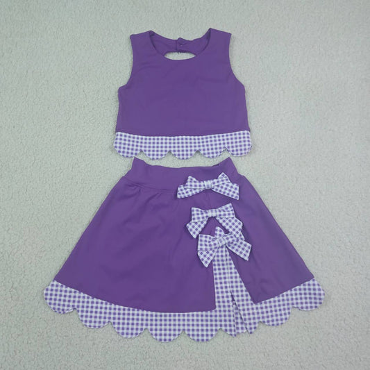 GSD4225 Purple Checkered Bows Girls Summer Scallop Yoga Clothes Set