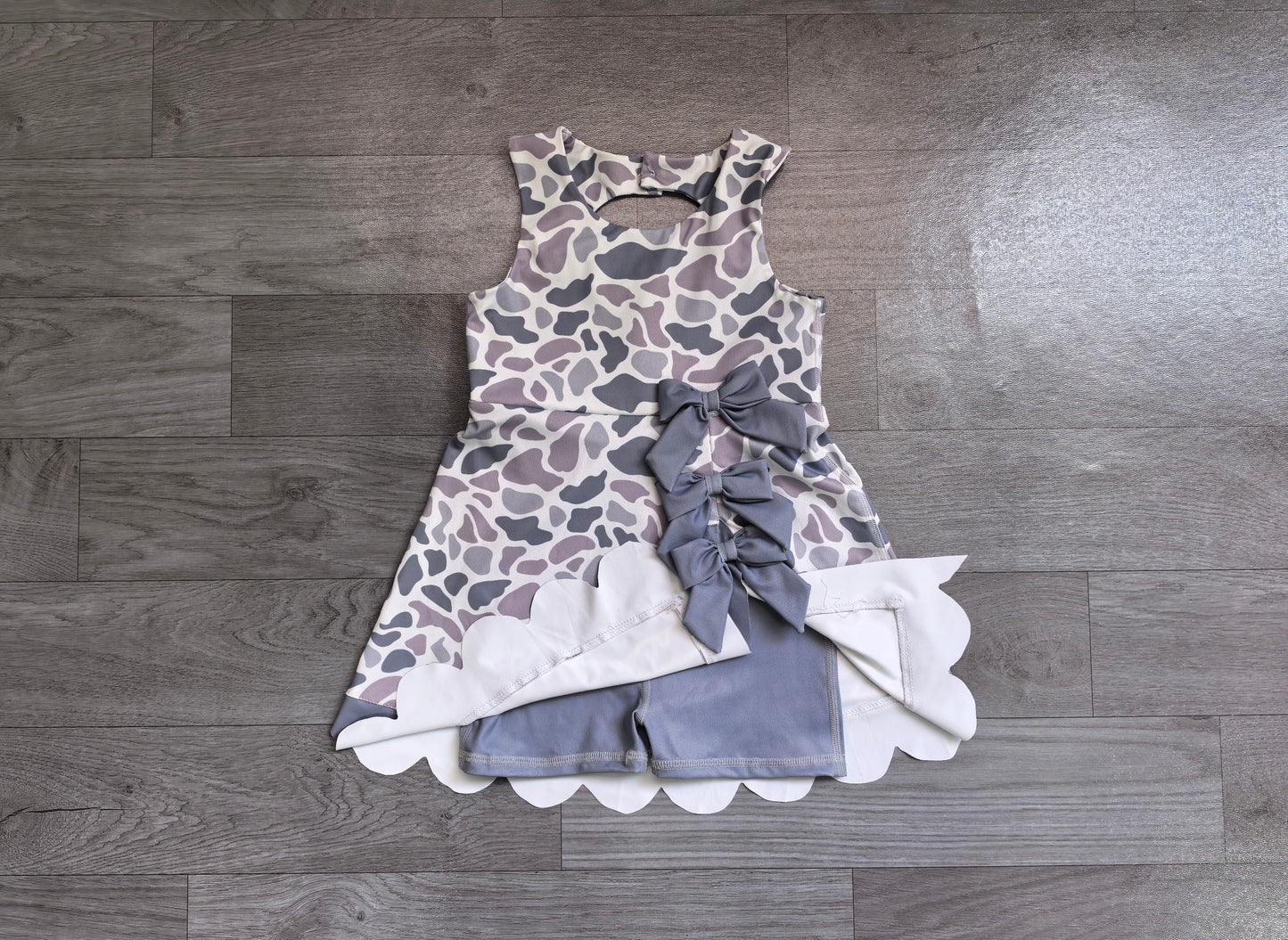 5.30 GSD4226 Preorder Grey Camo Girls Sleeveless Scallop Bows Yoga Dress