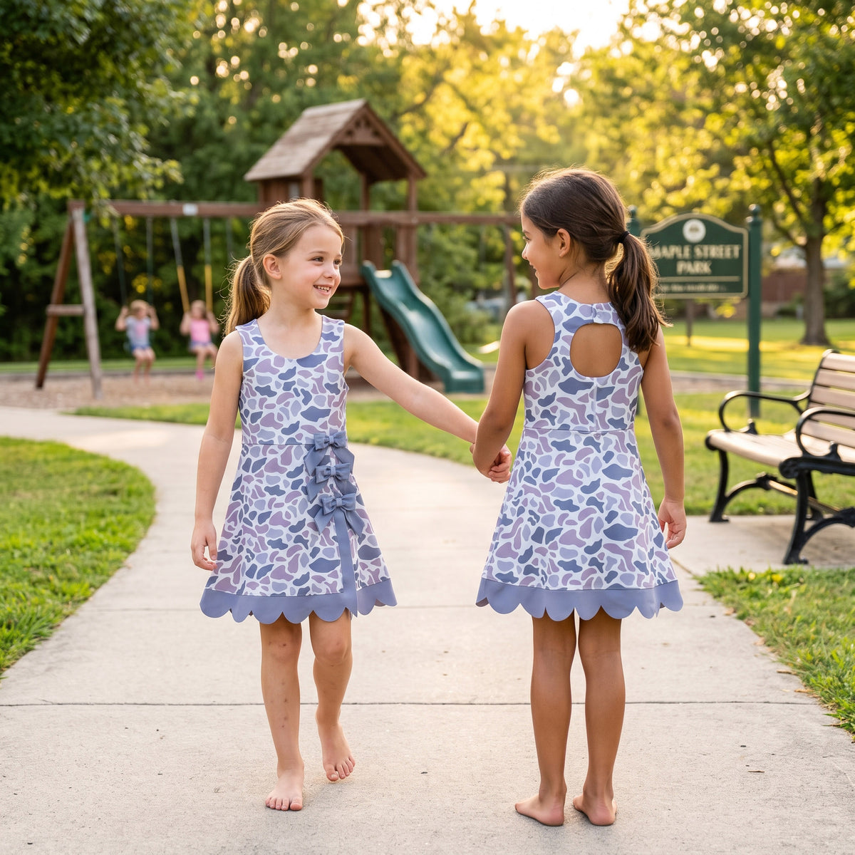 GSD4226 Grey Camo Print Girls Summer Scallop Knee Length Yoga Dress