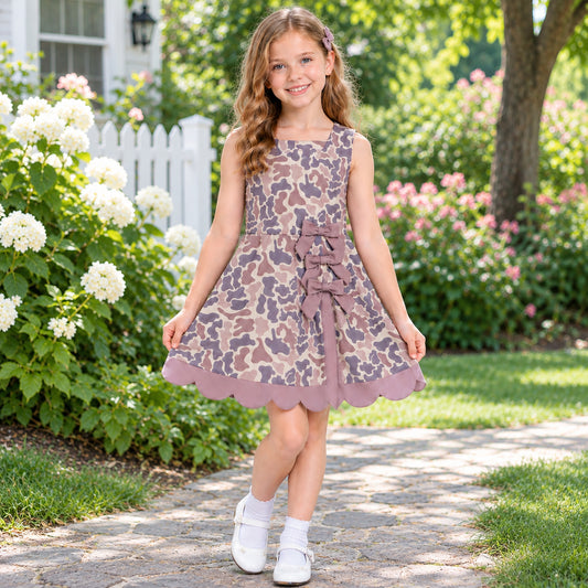 GSD4227 Brown Camo Girls Sleeveless Scallop Bows Yoga Knee Length Dress
