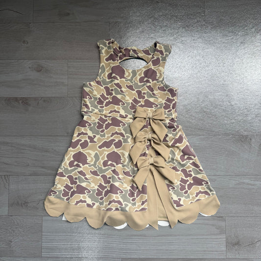 5.30 GSD4228 Preorder Green Camo Girls Sleeveless Scallop Bows Yoga Dress