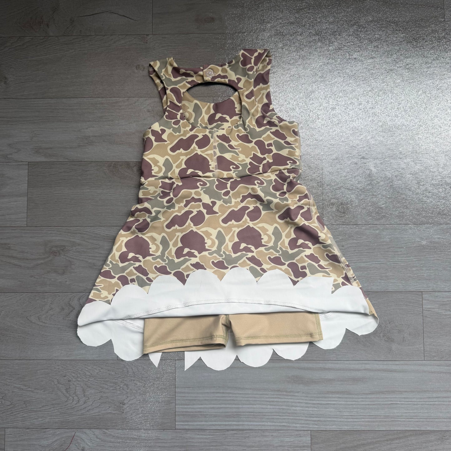 5.30 GSD4228 Preorder Green Camo Girls Sleeveless Scallop Bows Yoga Dress