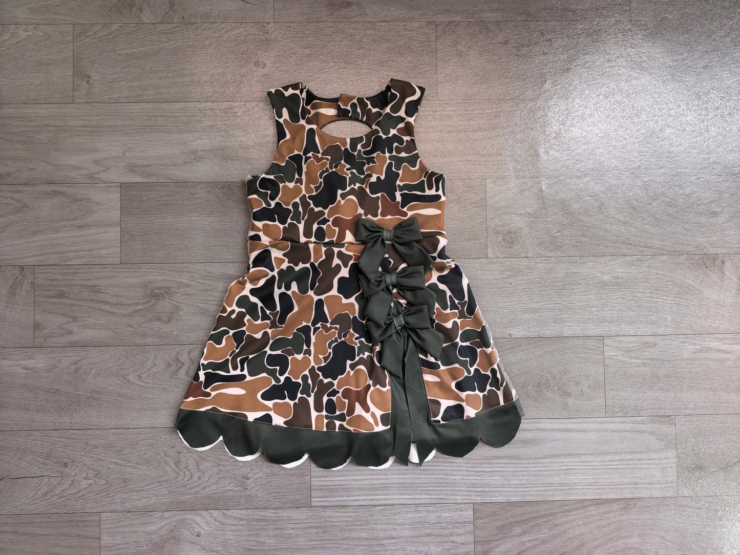 5.30 GSD4229 Preorder Dark Brown Camo Girls Sleeveless Scallop Bows Yoga Dress