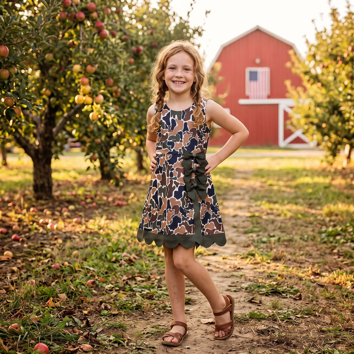 GSD4229 Dark Brown Camo Girls Sleeveless Scallop Bows Yoga Knee Length Dress