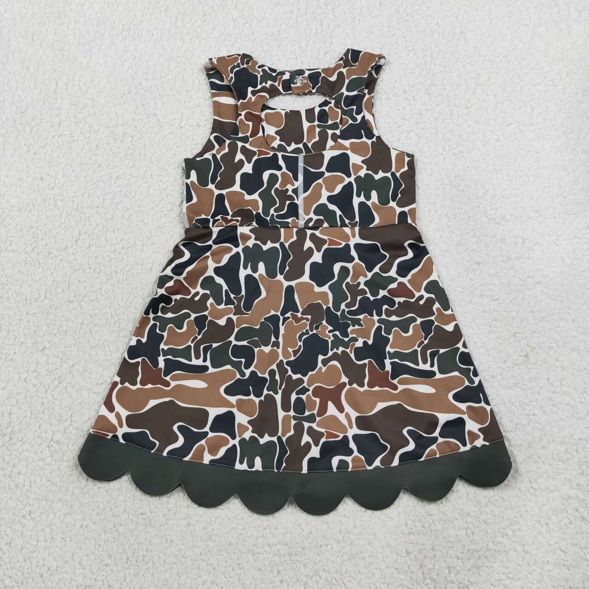 GSD4229 Dark Brown Camo Girls Sleeveless Scallop Bows Yoga Knee Length Dress