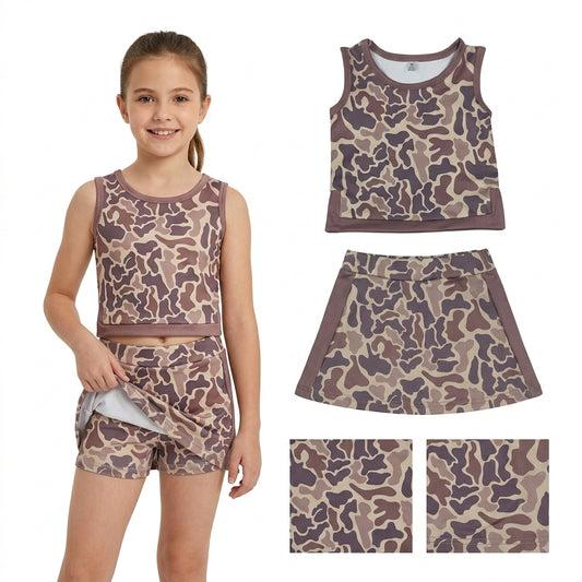 GSD4231 Brown Camo Tank Top Skort Girls Yoga Clothes Set