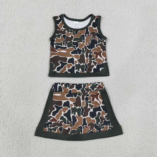 GSD4233 Dark Brown Camo Tank Top Skort Girls Yoga Clothes Set